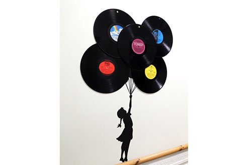 Music themed hallway, vinyl discs on the wall